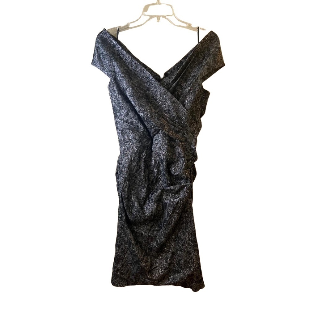 Teri Jon Gray Off-Shoulder Ruched Abstract Pattern Cocktail Dress Womens 16